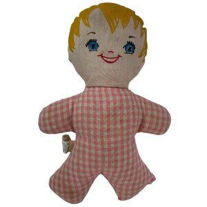 Vintage Pink Gingham Fabric Plush Doll Toy Plakie Toys Inc 8” Kitschy Grannycore